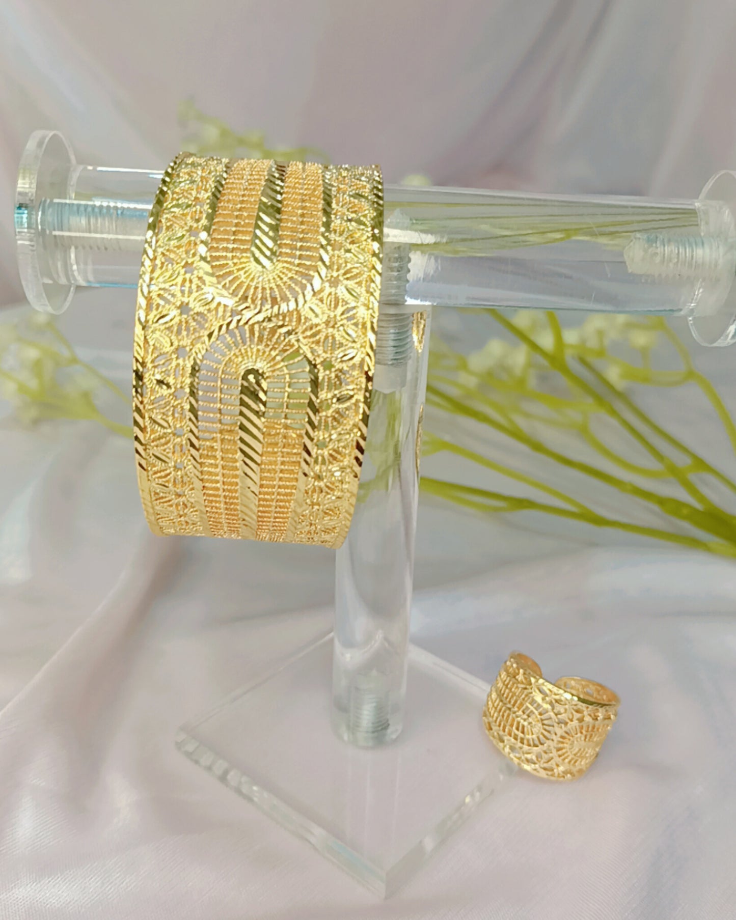 Luxury Gold Plated Cuff Bracelet & Adjustable Ring Set
