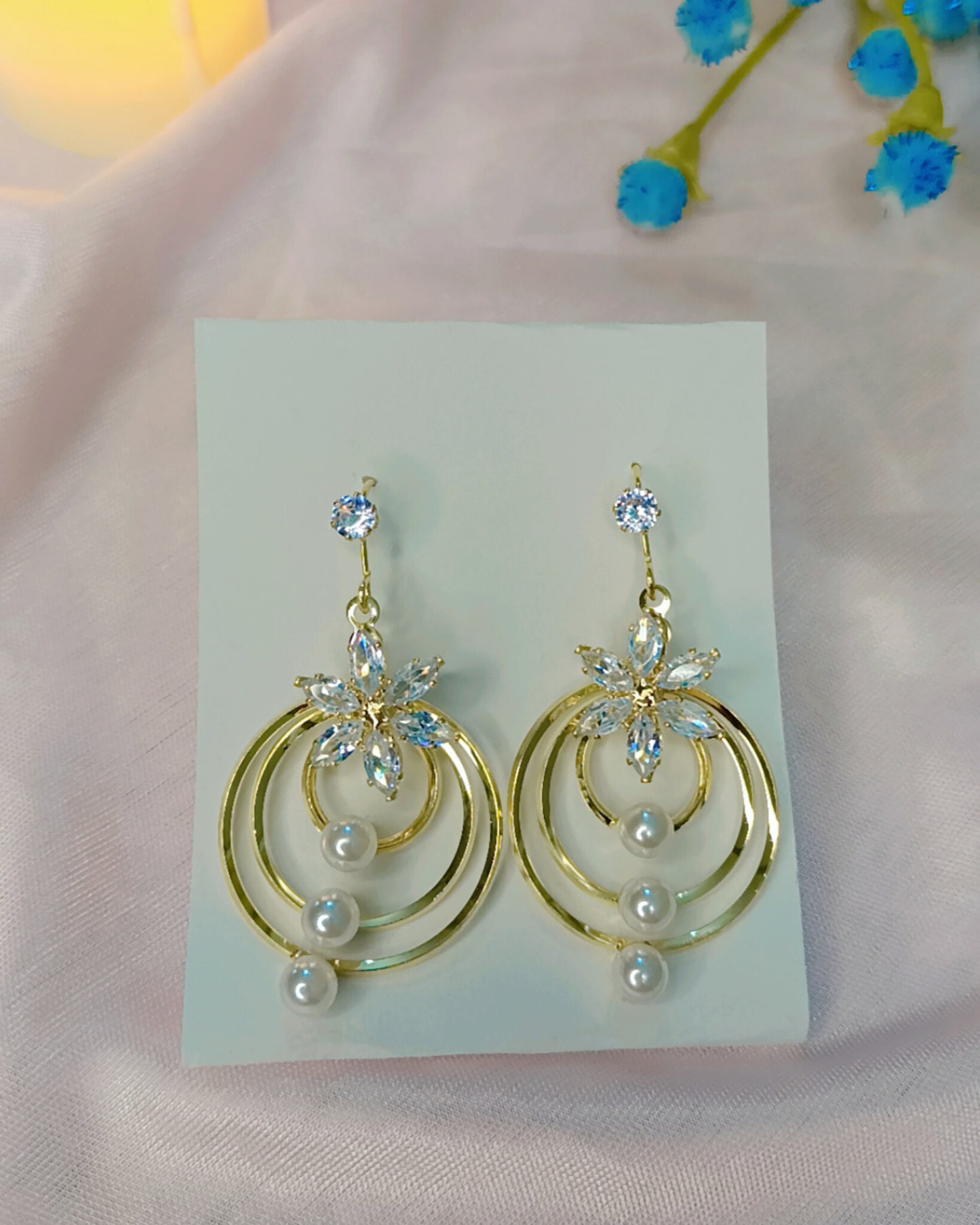 Gold-Plated Crystal Flower & Pearl Hoop Earrings